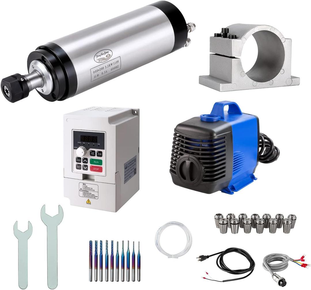 CNC Spindle Motor Kits, 110V 2.2KW 80mm Water Cooled Spindle Motor CNC motor +110V 2.2KW VFD+Clamp Mount +Water Pump+ Water pipe+ER20 Collet set + Drill bits+ wires+wrenches for CNC Router Machine