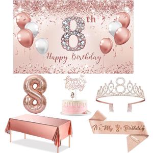 Trgowaul 8th Birthday Decorations - Rose Gold Party Set for Girls, Includes Banner, Tablecloth, Sash, Tiara & Cake Topper, Pink Gold 8 Number Balloons