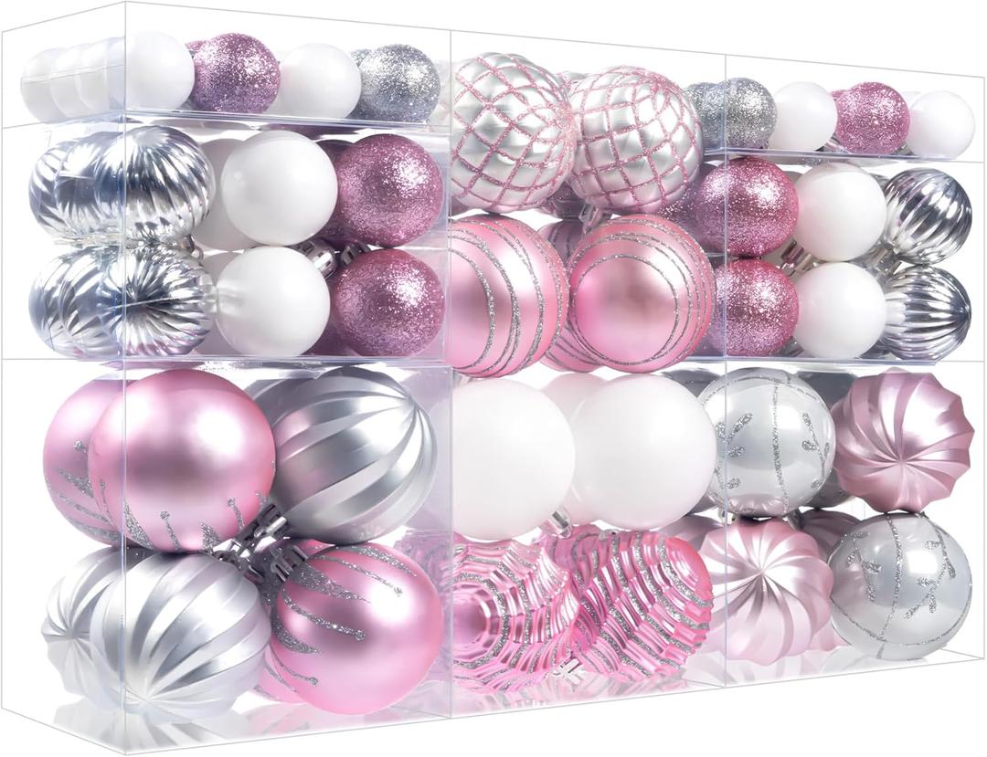 100Pcs Pink Silver Christmas Ball Ornaments Set for Tree, Assorted Shatterproof Christmas Decorations, Hanging Decor for Xmas Tree Holiday/Party/Home (Pink & Silver & White)