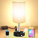 Small Bedside Table Lamp for Bedroom - 3 Way Dimmable Touch Lamp with USB Charging Station and AC Outlet, Wood Base & Fabric Linen Lampshade for Office, Living Room, Dorm, Black-Flaxen, (LED Included)