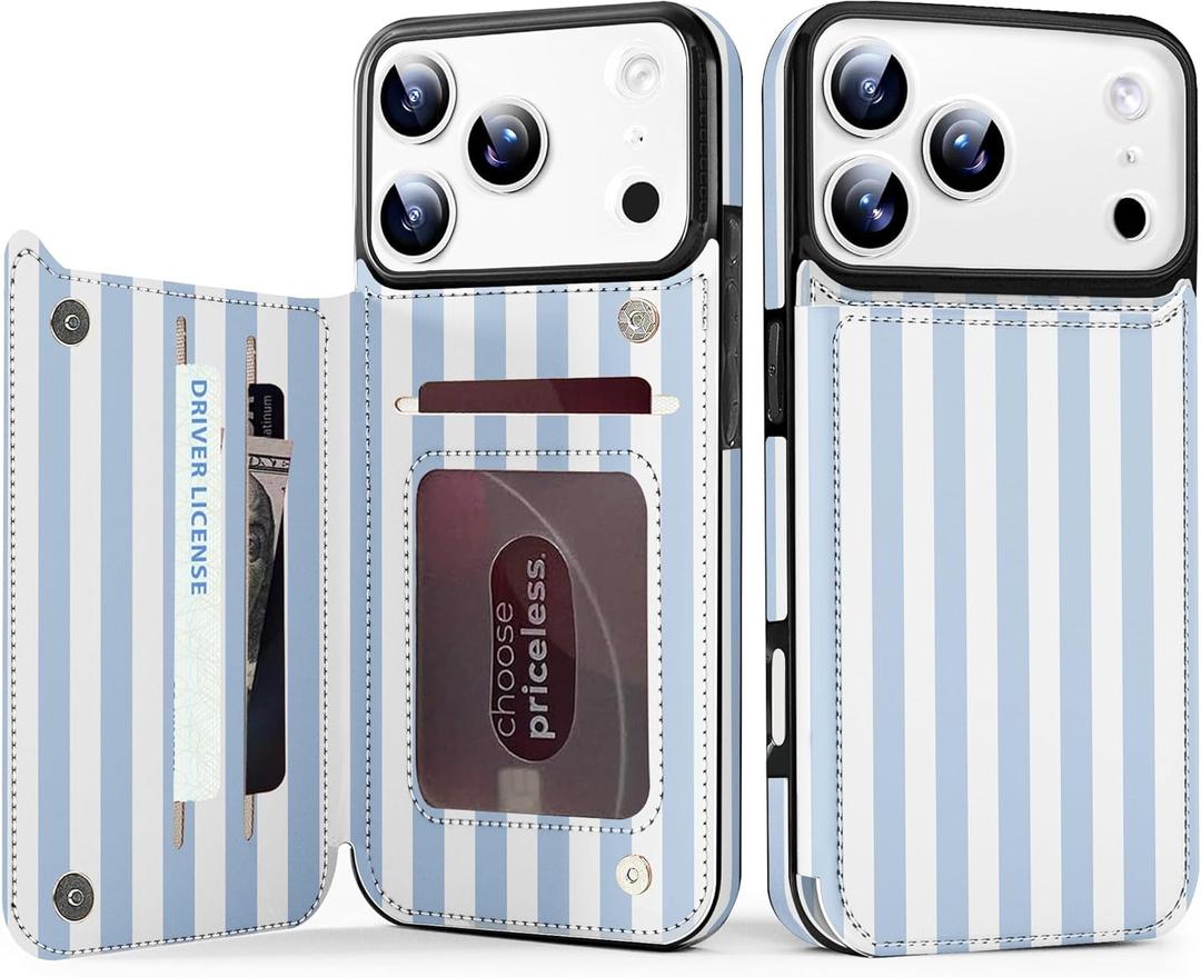 for iPhone 17 Pro Wallet Case with Card Holder, Military-Grade Drop Protection, Flip PU Leather Built, Double Magnetic Clasp Durable Shockproof for iP17 Pro 6.3Inch Cover-Stripes Blue White