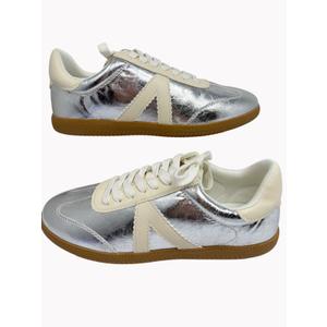 MIA girl Womens 8 Silver Metallic Lace Up Sneakers Cream Accents