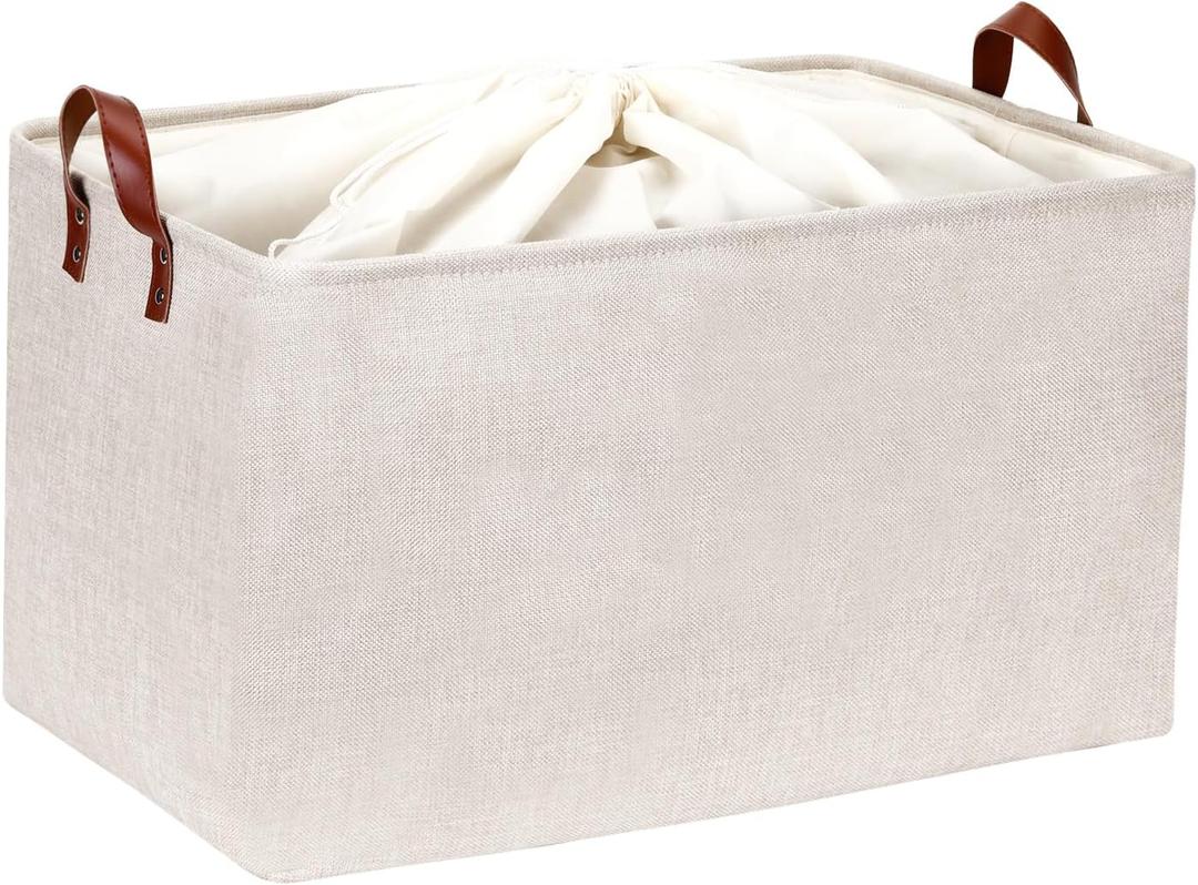 DULLEMELO Large Beige Storage Basket 70L Oversized Canvas Fabric Storage Bin, Collapsible Rectangular Toys Basket Organizer with Handles, 22X15 Storage Container for Clothes, Blankets, Pillows (Extra Large-22" x 15" x 13")