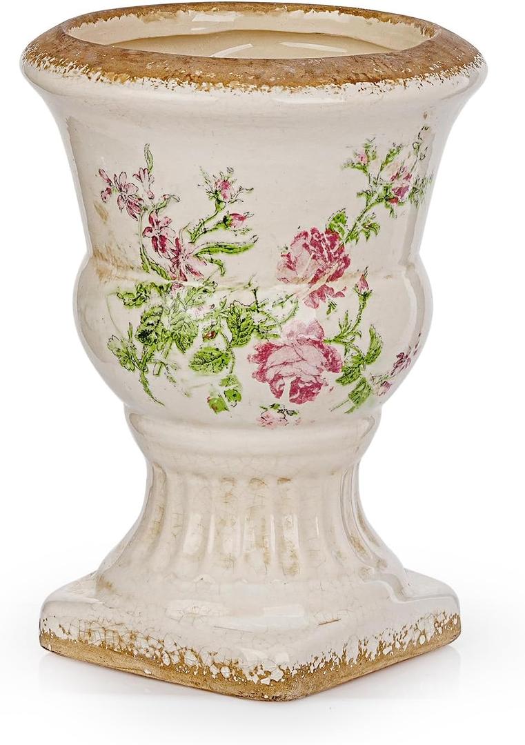 Sungmor Small Ceramic Urn Planter - Pink Scroll Floral Pedestal Flower Pot, Decorative Vintage Chinoiserie Style Planters, Tuscan Accent Vase Indoor Outdoor Plant Holder with Drainage