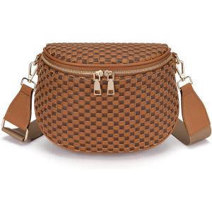FODOKO Woven Crossbody Bag for Women Woven pu Leather Bum Bags Checkered Cross body purse with zipper Adjustable straps（Checkered Coffee brown