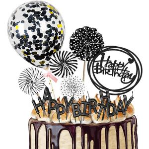 Black Cake Topper Decoration with Happy Birthday Candles, Acrylic Birthday Cake Topper, Confetti Balloon and Paper Fans for Black Theme Birthday Party Decor Girl Boy Women Man