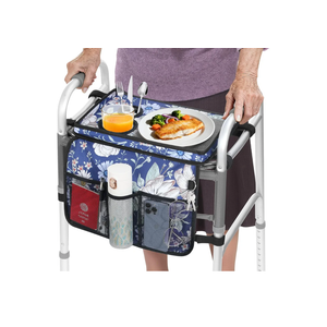 Rhino Valley Walker Tray for Folding Walker, Tray for Walkers with Non-Slip Mat for Food, 3 Front Pockets & 3 Cup Holders, Fits Most Standard Folding Walkers, Walker Accessories for Senior,Blue Cosmos