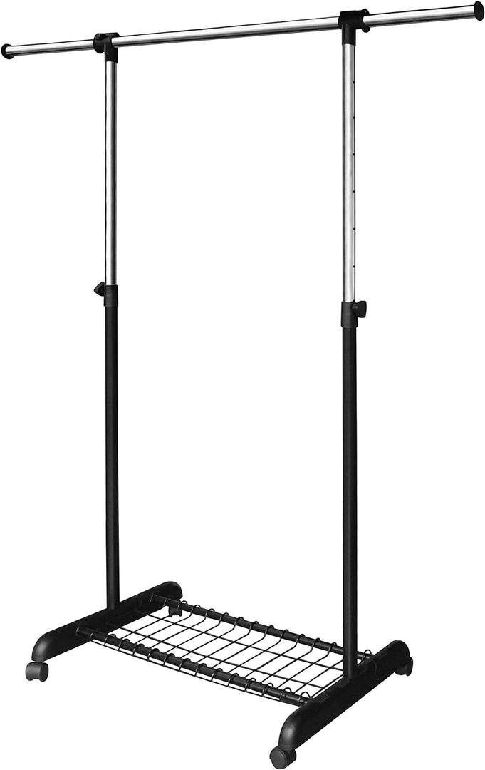 LiaMeE Adjustable Clothing Rack for Hanging Clothes, Heavy Duty Garment Rack with Wheels Free Standing Rolling Clothes Rack with Shelf & Grid, Easy Assembly Standard Rod, Black & Chrome