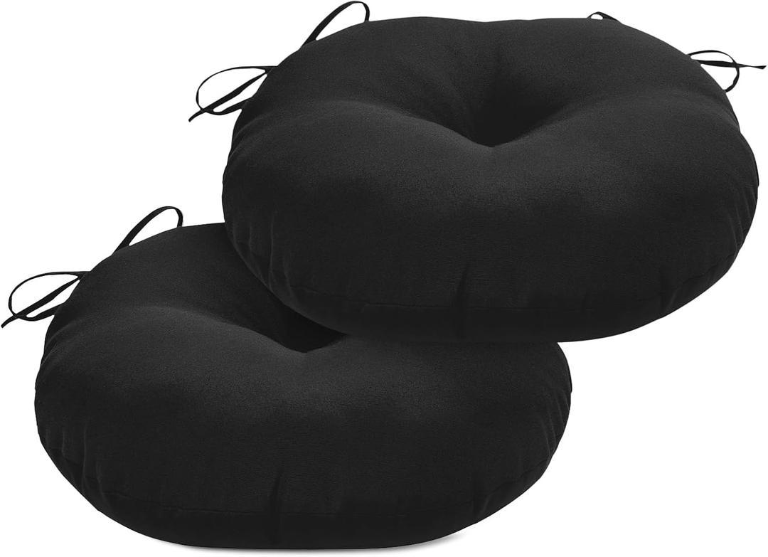 Round Outdoor Chair Cushions, Tufted Bistro Chair Cushions with Ties, Thickened Round Seat Cushion for Patio Furniture, 2 Pack, 15x15 Inch, Black, 2 Count