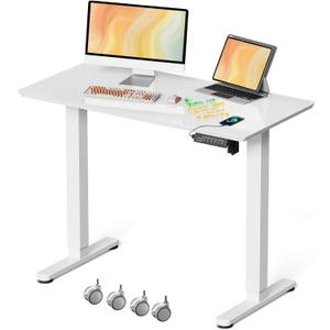 JOY worker Small Electric Standing Desk, 40" x 20" Whole Glass Piece Height Adjustable Desk with Memory Controller, White Sit to Stand Desk Workstation for Home Office