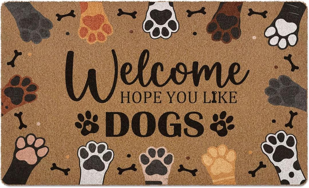 Welcome Hope You Like Dogs Door Mat, Cute Dog Paws Print Artificial Coir Front Door Mat Indoor Outdoor Entrance, Funny Dog Paw Welcome Doormat Rug for Porch Entryway Patio Decor, 17X30 Inch