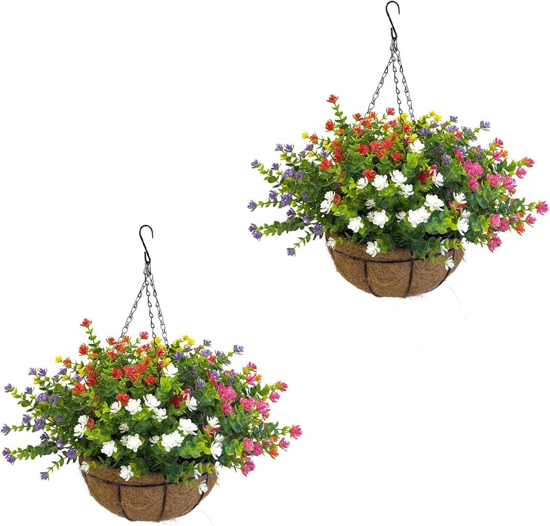 Artificial Hanging Plants Flowers with Basket 2 Packs, Artificial Hanging Flowers for Outdoors, Faux Hanging Plants Outdoor, Yellow+Purple+White+Orange+Pink+Red