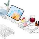 Expandable Drain Bath Caddy Tray for Tub, YOCOMEY Multifunctional Acrylic Bathtub Tray Bathroom Organizer, Simple Bathtub Table Trays Storage Rack for Candle Towel Book Wine Phone Shower(Clear)