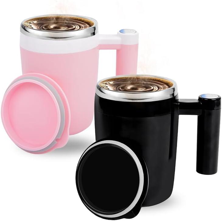 Self Stirring Coffee Mug 14oz - Rechargeable Magnetic Stirring Cup with Lid, Stainless Steel Auto Mixing Mug for Coffee, Tea & Hot Cocoa - Valentine's Day Gifts for Couples (Black&Pink 2-Pack)