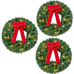 Joiedomi 19" Christmas Pre-Lit Wreath with LED Lights with Ribbon, 3 Pcs Wreaths for Front Door, Windows, Living Room, and Indoor Outdoor Christmas Decorations Window Door Wreath, Battery Operated