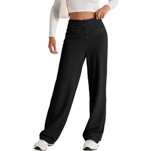 EVALESS Womens High Waist Button Stretchy Work Pants Straight Leg Office Dress Pant Business Casual Trousers with Pocket (Medium, 01 Black)