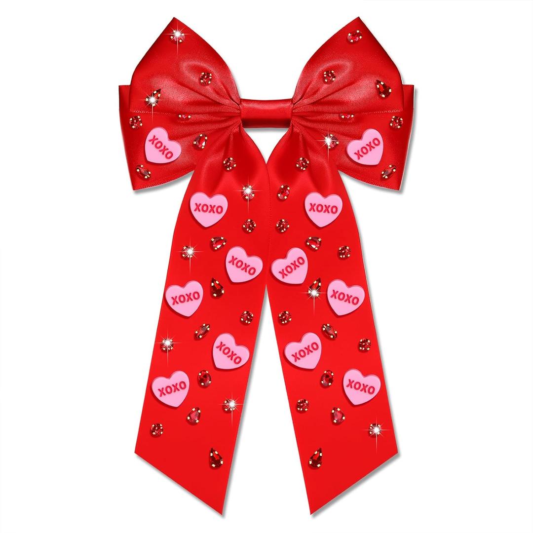 Boderier Valentines Day Hair Bows for Women Girls Conversation Candy Heart Hair Bow Clips Jeweled XOXO Hair Bows Valentines Day Gifts for Her Red XOXO Heart