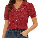 Allegra K Women's Vintage Polka Dots Peter Pan Collar Puff Short Sleeve Shirt Top (Large, Red)