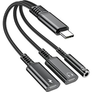 USB-C to 3.5mm Headphone and Charger Adapter, 3 in 1 Type C Aux Splitter Charger Headphone Jack Dongle Cord Compatible for iPhone 15/16/17 Pro/Max/Plus, iPad, Samsung Galaxy S23/S24 Ultra (Black)