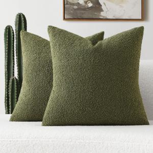 FUTEI Pack of 2 Moss Green Decorative Throw Pillow Covers 18x18 Inch Soft Cozy Solid Boucle Textured Cushion Case,Modern Home Decor for Couch Bed Living Room