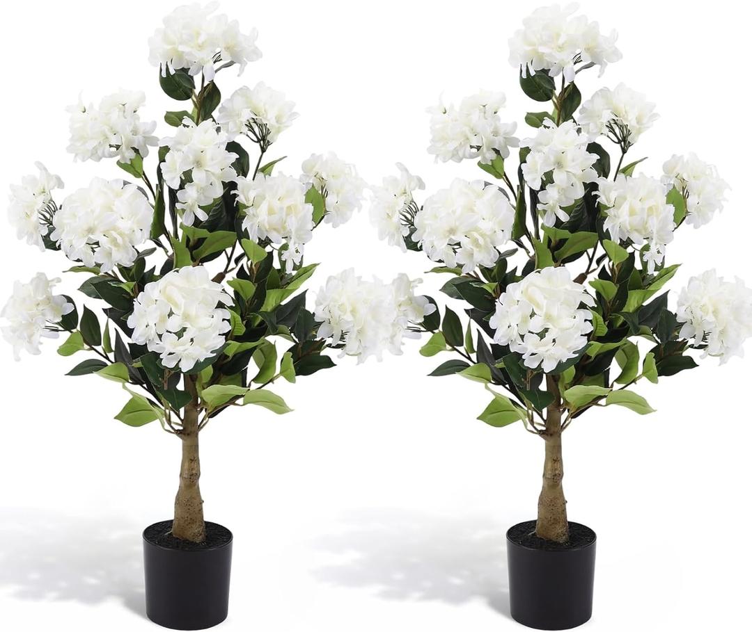 2 Pack 3ft Artificial Hydrangea Tree Faux Hydrangea Plant Indoor Outdoor Fake Flower Tree with Cement Base Pot Real to Touch Plant Decoration for Home Garden Office Housewarming Wedding(White)