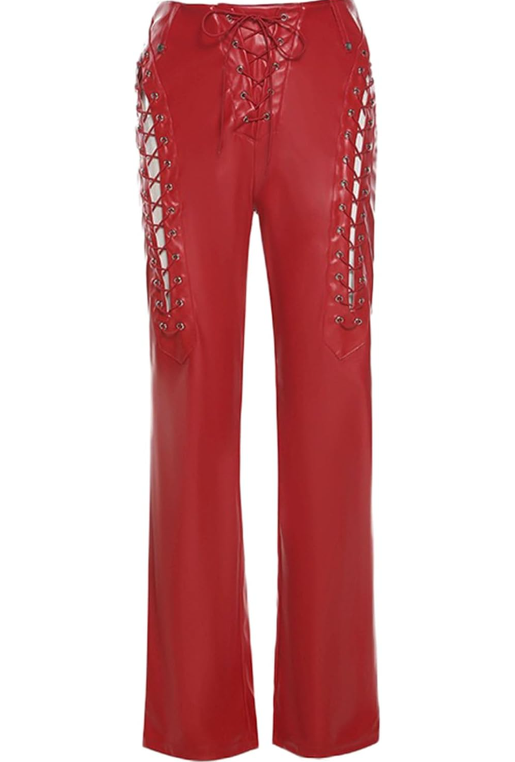 Women's PU Leather Pants Stretch High Waisted Lace Up Drawstring Hollow Out Trousers Gothic Punk Y2k Trousers, XL