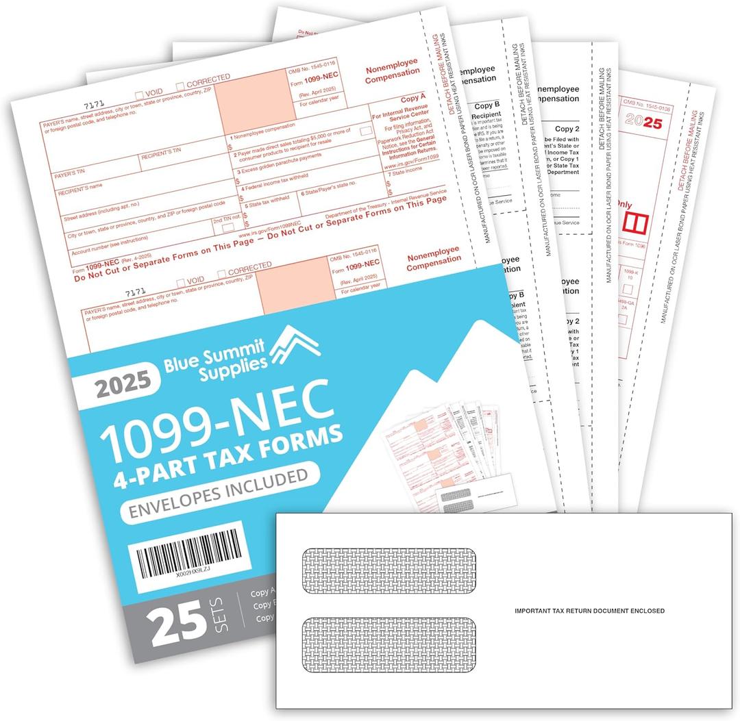 Blue Summit 1099 NEC Forms 2025 with Envelopes, 25 2025 1099 NEC Tax Forms, 4 Part Kit, Compatible with QuickBooks and Accounting Software, 25 Self Seal Envelopes with 3 1096 Included