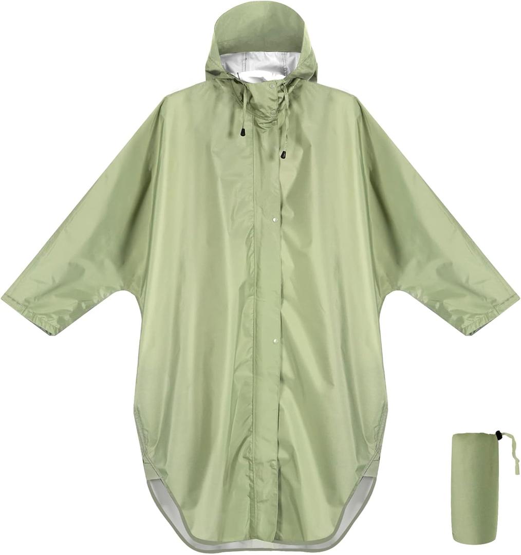 ANYOO Waterproof Rain Poncho for adults Lightweight Reusable Hiking Hooded Coat Jacket for Outdoor Activities (One Size, Tea Green)