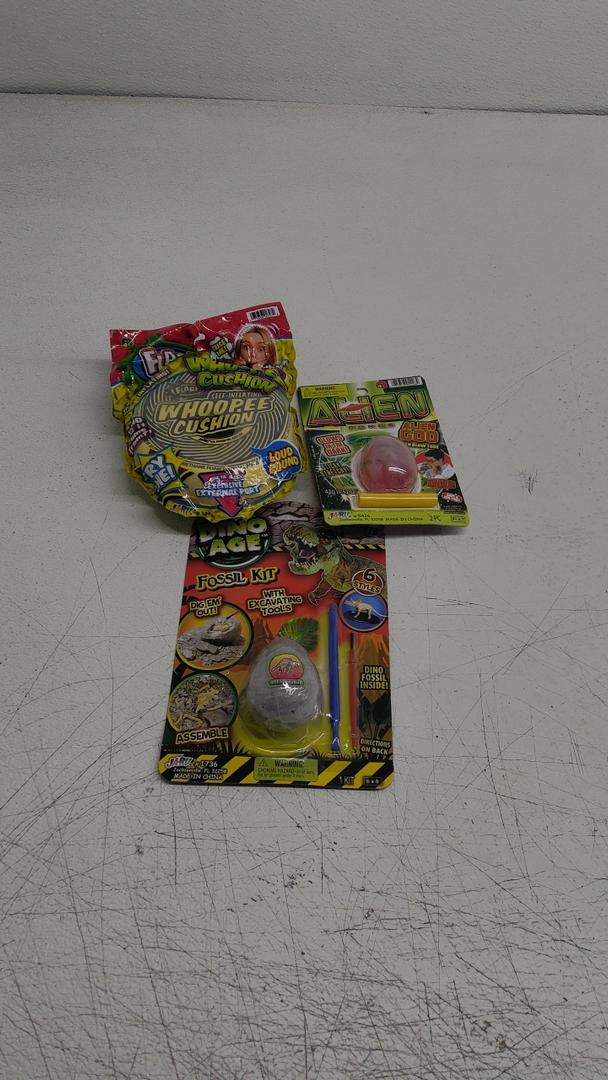 Set of 3: Flarp Whoopee Cushion Rubber + Fossil Digging Kit Dinosaur Eggs Excavation Toys + Mad Lab Alien Goo
