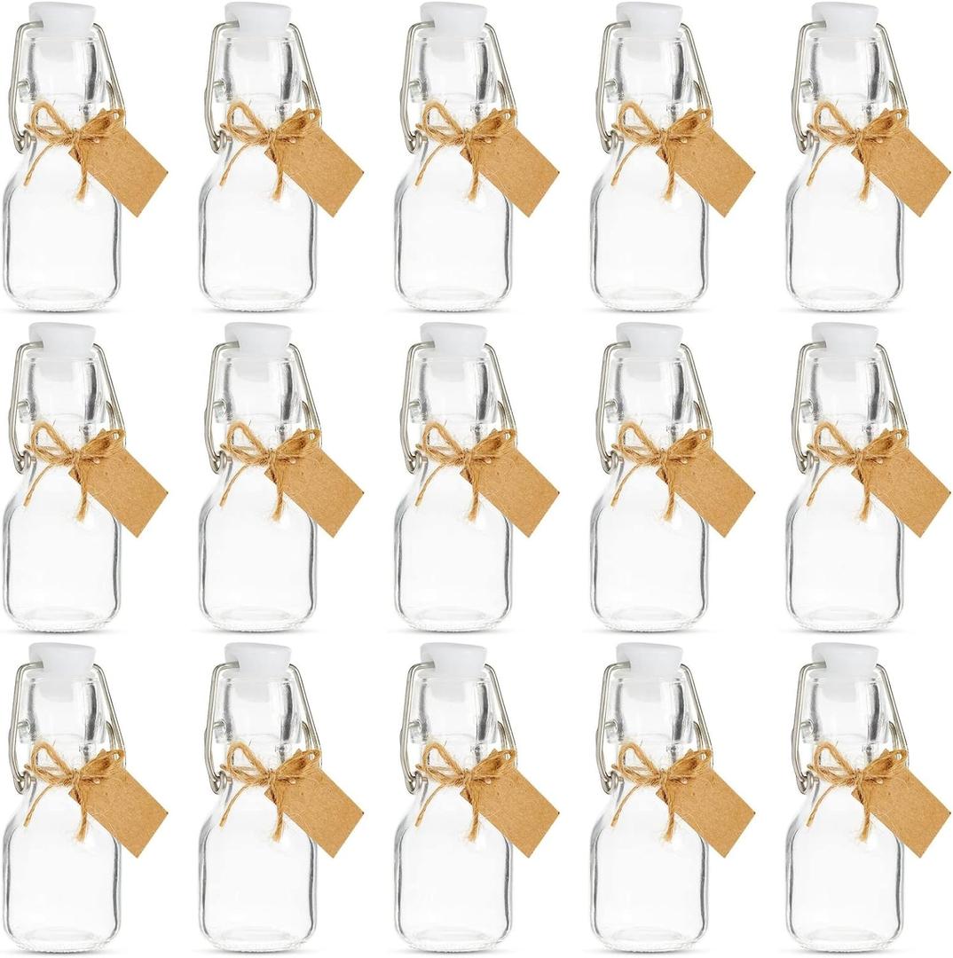 BLUE PANDA 15 Pack Small Swing Top Glass Bottles - 2 oz/60 ml Bottles with Lids, Stoppers, Tags & Jute Twine for Wedding Party
