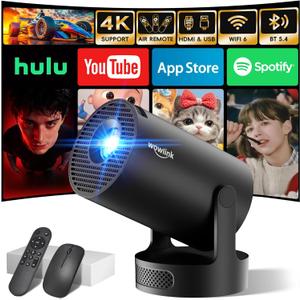 [Built-in Apps & 2026 Upgraded] Mini Projector with WiFi 6 and Bluetooth 5.4 Support 4K 1080P Auto Keystone 180° Rotatable Projector Portable Compatibile with HDMI/TV Stick/Memory Stick/Laptop, Black