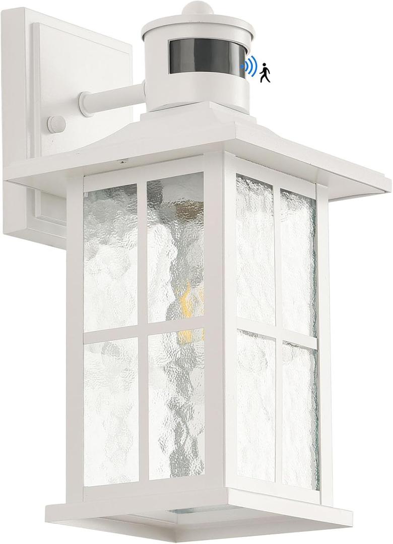 FLEDAVID Motion Sensor Outdoor Wall Light Fixtures Dusk to Dawn Exterior Porch Lantern White Outside Sconce Lighting Rustic Wall Mount Lamp with Water Ripple Glass for House Garage Patio Entryway