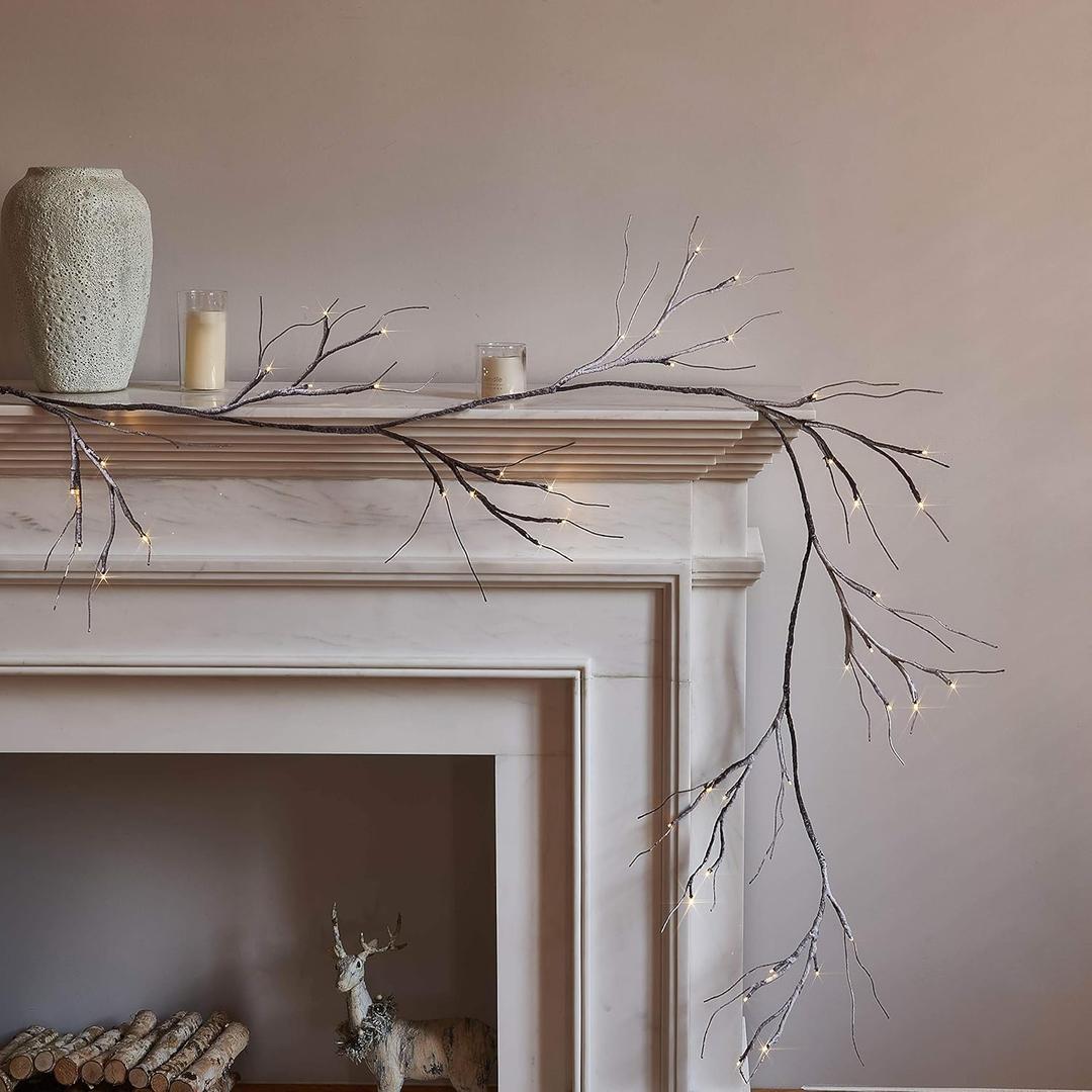 Hairui Lighted Garland Snow Flocked with Timer 6FT 48 LED Battery Operated Pre-lit Twig Vine Firepalce Mantle Table Winter Christmas Decoration Indoor Outdoor