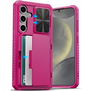 ATATOO for Samsung Galaxy S24 Wallet Case, Built-in Card Holder(Store 4-5 Cards) & Slide Camera Cover, Military Grade Protection, Women Men Cute Sturdy Phone Case for Galaxy S24 6.2", Hot Pink