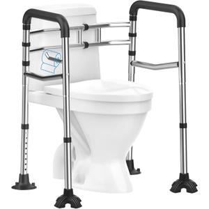 Toilet Safety Rails, Stainless Steel Adjustable Toilet Frame with Soft Handles&Tissue Holder, 380LBS Foldable Detachable Toilet Safety Frame for Elderly, Seniors, Handicap & Disabled