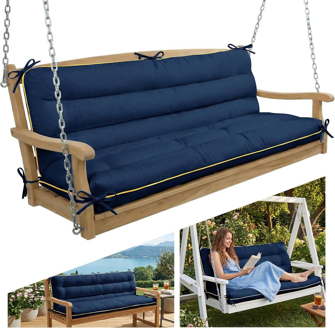 AS AWESLING 6040 INCH Outdoor Swing Cushion with Backrest, Tie Straps & Memory Foam - Replacement for Porch Bench 2/3 Seater, Oxford Fabric (Blue, 60 INCH 40 INCH)