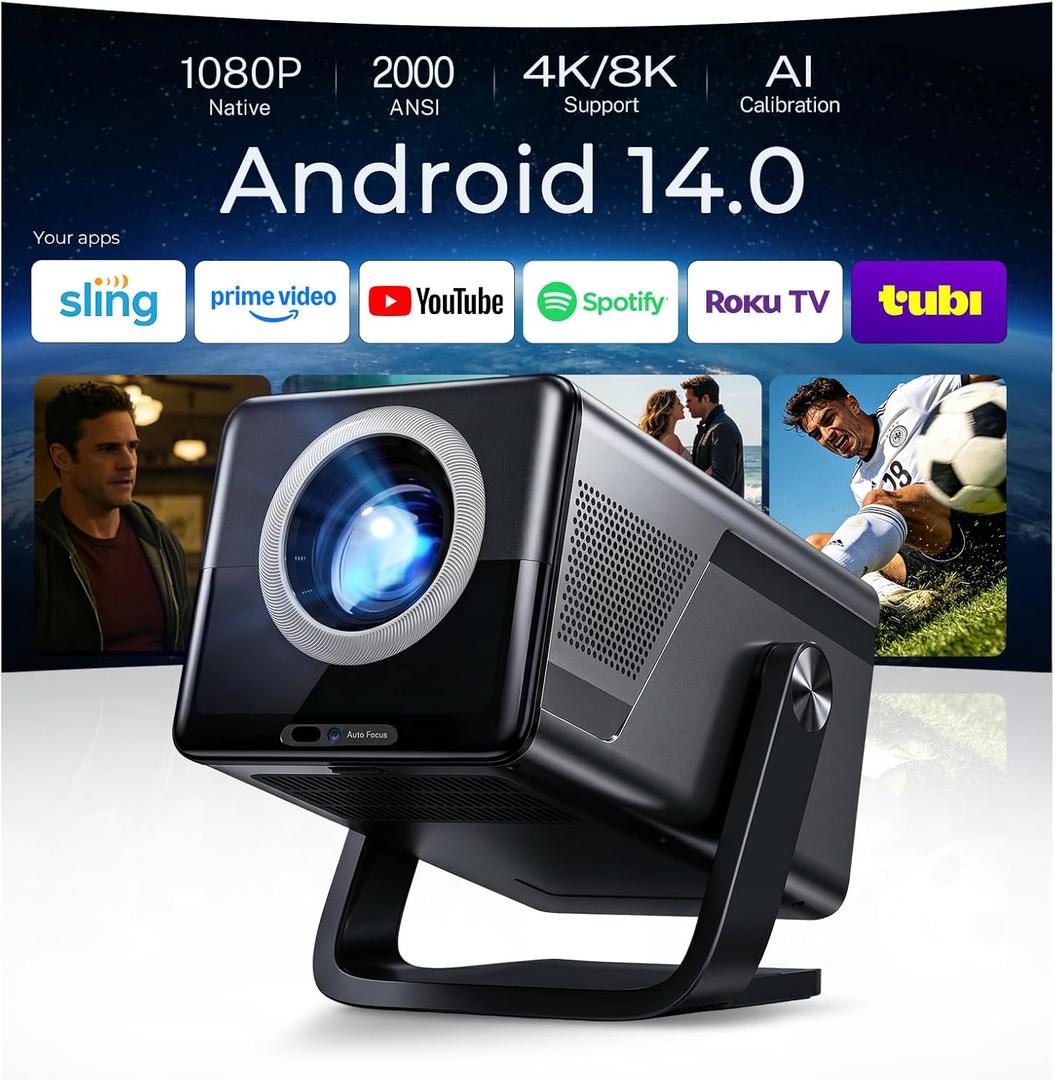 [2000 ANSI Daylight Visible] Native 1080P Smart Video Projector 4K 8K Input, Android 14 Projecteur Portatif with HiFi Sound, Auto Focus & Keystone, WiFi Bluetooth Home Theater for iPhone/Netflix X7