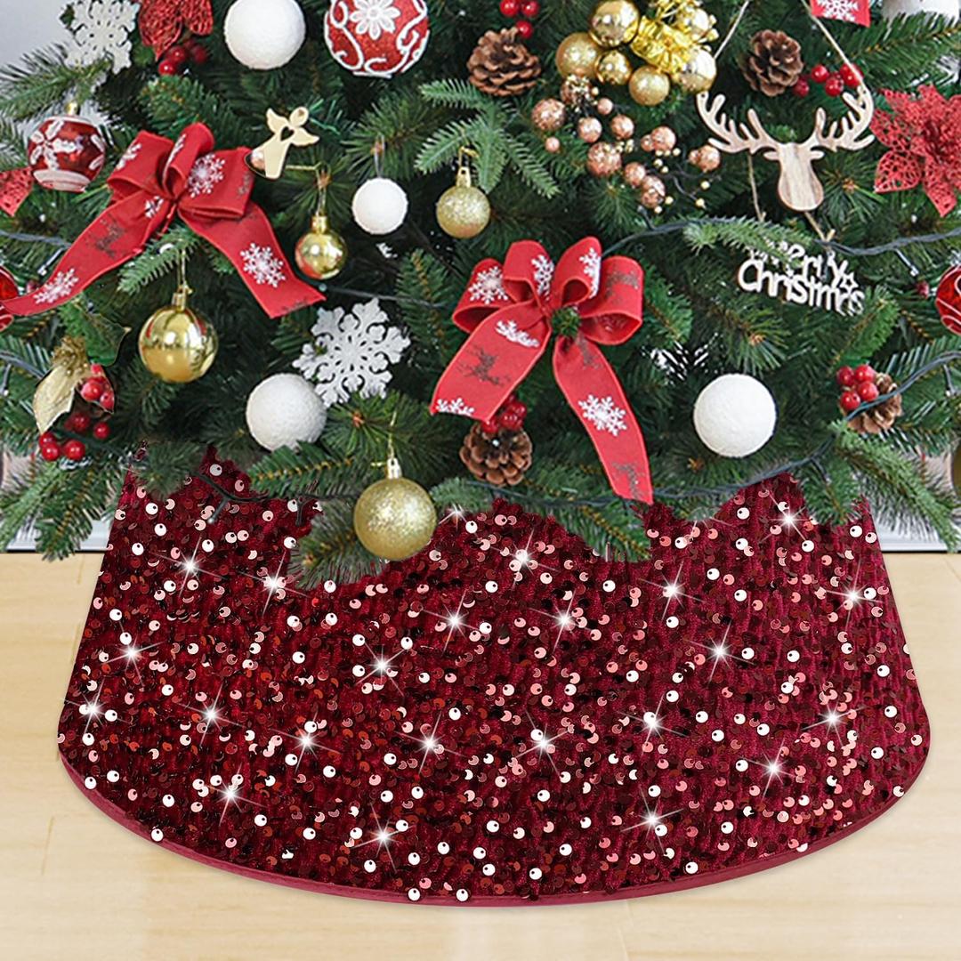 MODFUNS Christmas Tree Stand Base Sequins Christmas Tree Collar 24 Inch Burgundy Shimmer Velvet Tree Stand Cover Sparkling Tree Skirt Christmas Decorations Maroon Xmas Tree Base for Xmas Home Party (23.6 Inch)