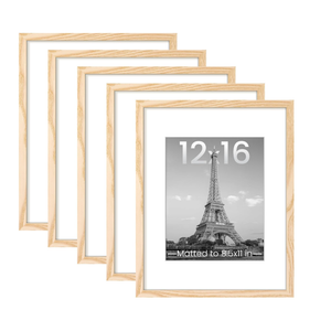 12x16 Picture Frame Set of 5, Display Pictures 9x15 with Mat or 11x17 Without Mat, Wall Hanging Gallery Photo Frames for Artwork, Posters, Prints, and Certificates – Natural