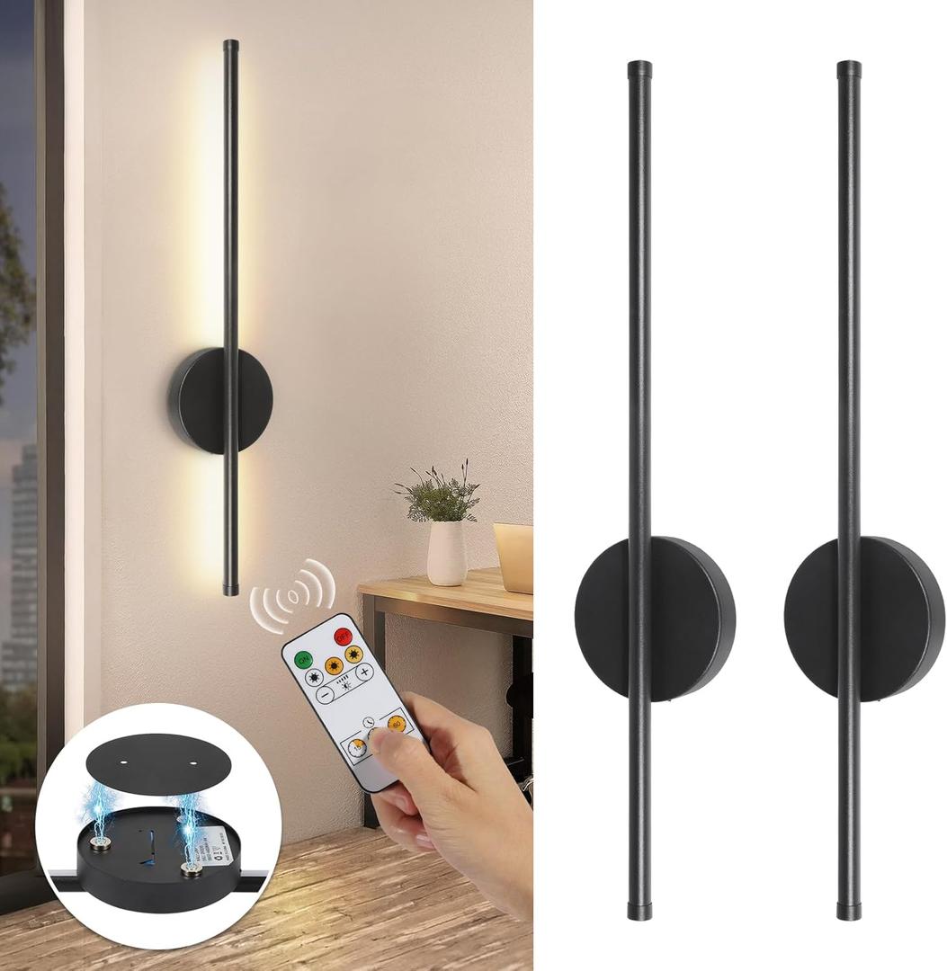 Battery Operated Wall Sconces Set of Two, Wireless Rechargeable Wall Sconces Black with Remote Control Dimmable, Cordless Wall Light Decor for Living Room, Bathroom, Hallway, Timing, 24 Inch