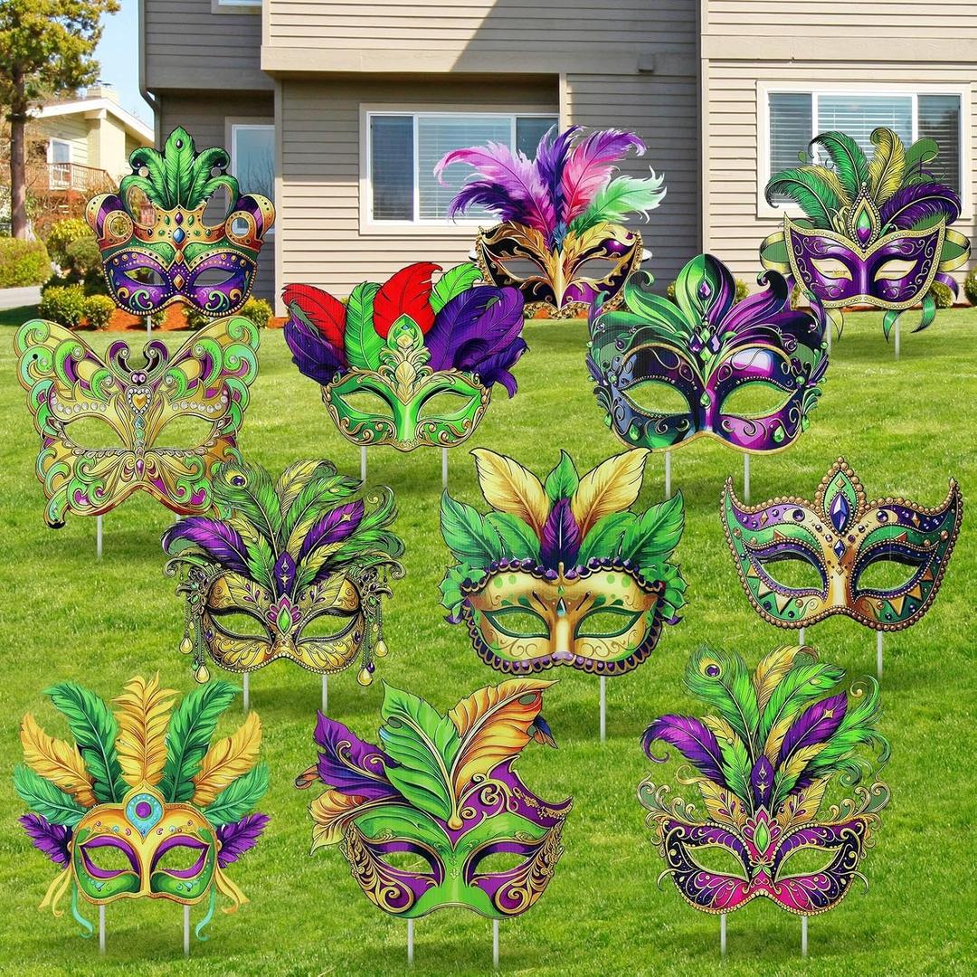 12 Pcs Mardi Gras Yard Sign with 24 Stakes Mardi Gras Outdoor Decorations Mask Cutout Props Masquerade Party Waterproof Gift Carnival Yard Lawn Decor for Walkway Garden Holiday Decoration