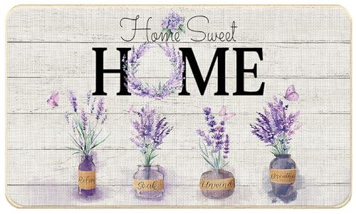 WARDOS Home Sweet Home Door Mat, Butterfly Lavender Floral Doormat for Front Door Indoor Outdoor Entrance Porch, Rustic Farmhouse Welcome Mat Outside, Flower Bath Mats, 17x30 Inches