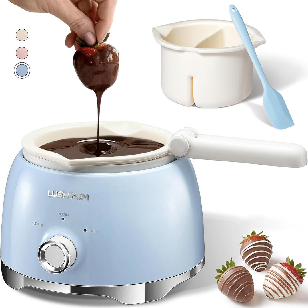 LUSHYUM Chocolate Melting Pot Candy Melts Melter with 2 Insert Pots and Spatula, 4 Cups Capacity Warmer Machine, Ideal Dipping Tool Kitchen Supplies for Making Cake Pop Covered Strawberries Fondue - Blue