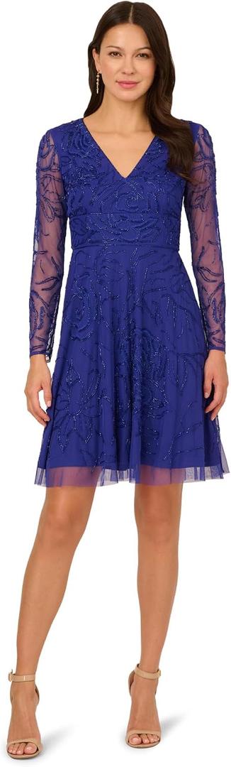 Adrianna Papell Long Sleeve Rose Beaded Cocktail Dress (Blue, M)
