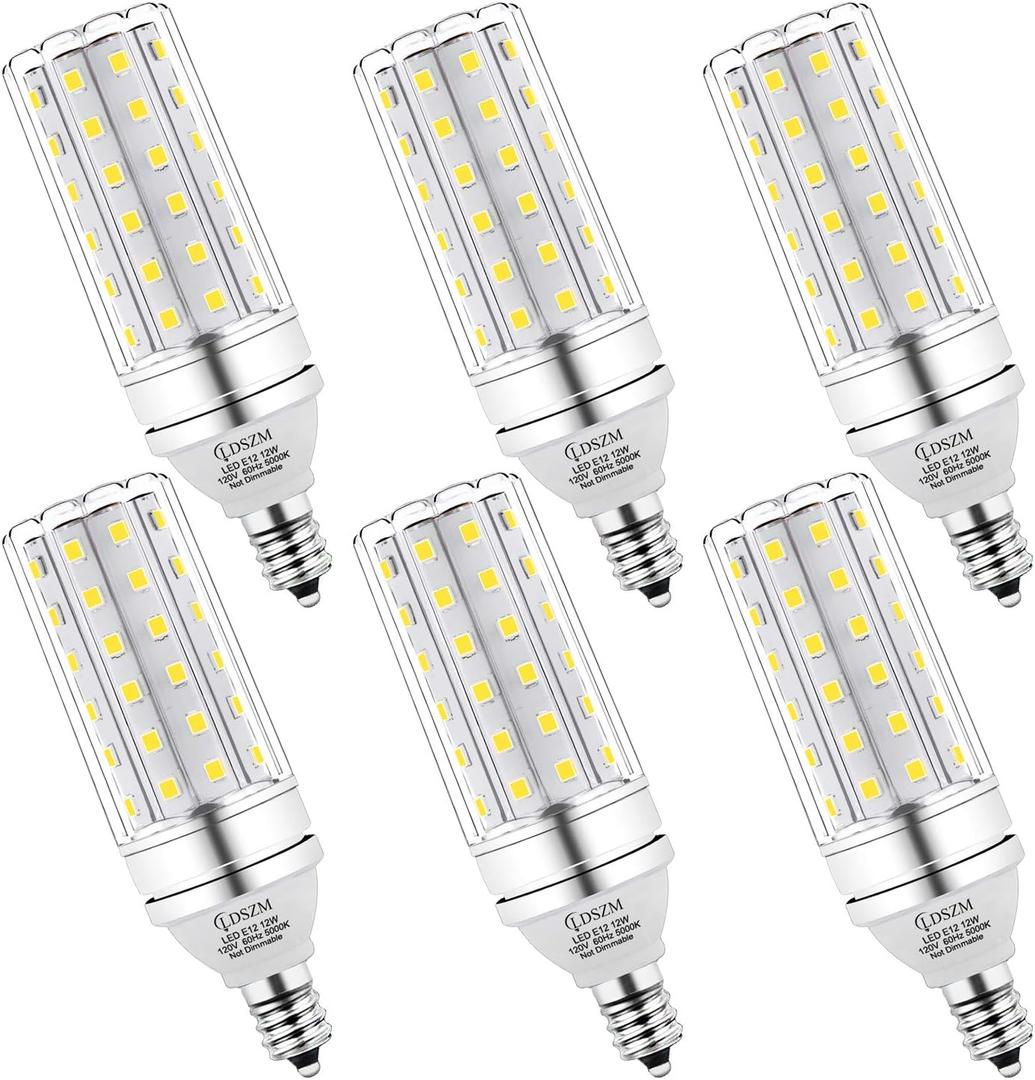 E12 LED Bulbs 12W Candelabra led Light Bulb,100 Watt Equivalent 1200lm Daylight White 5000K E12 Base LED Chandelier Light Bulbs Non-Dimmable LED Corn Bulbs, Pack of 6