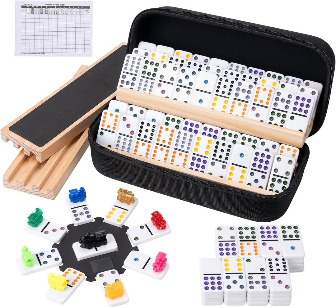 Mexican Train Dominoes Set with 4 Wooden Racks, Double 12 Dominos Game with 91 Dot Tiles, 9 Trains, Hub, Classic Family Board Game for Adults Kids, Travel,Party