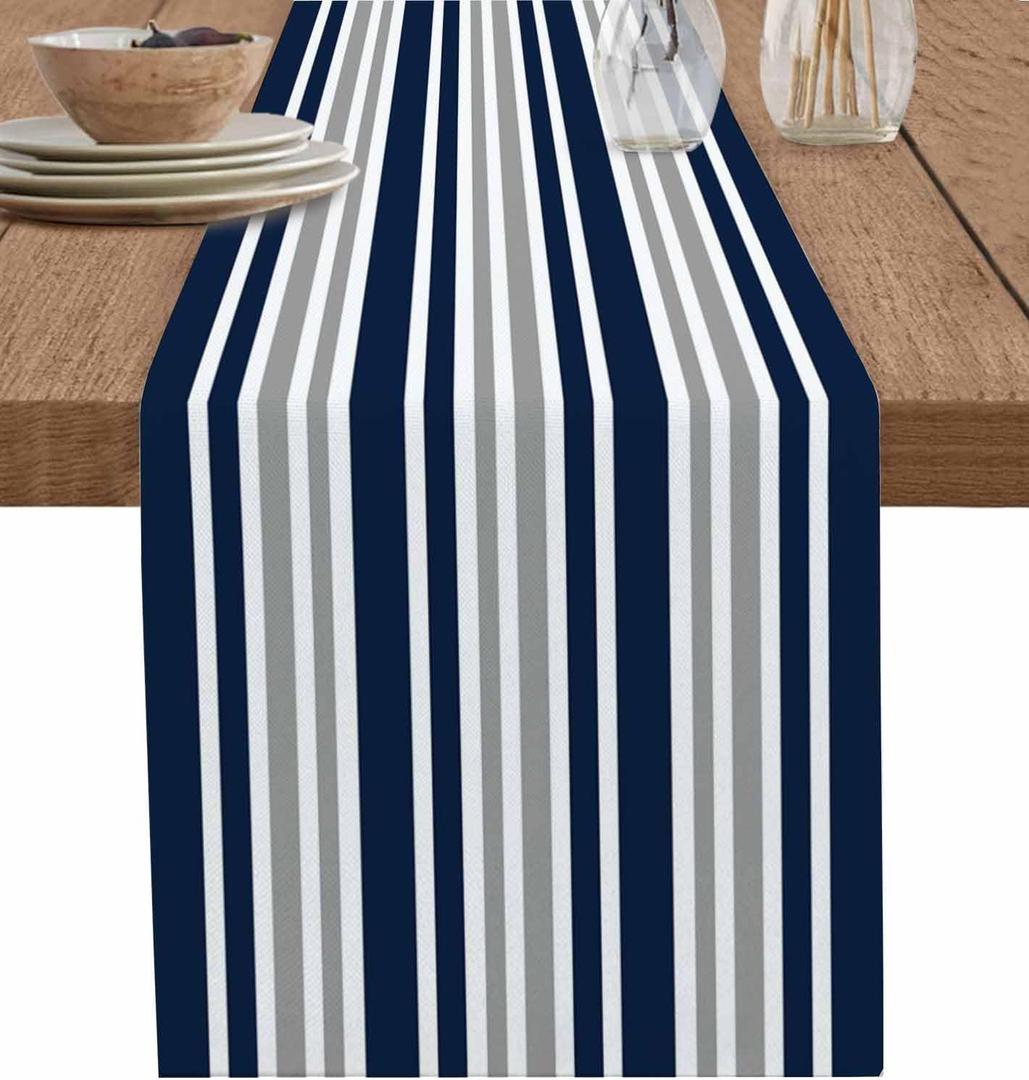 Stripe Table Runner-Navy Blue Gray White Cotton linen-Long 108 inche Dresser Scarves,Farmhouse Tablerunner for Kitchen Coffee/Dining/Sofa Table Bedroom Home Living Room,Scarf Decor for Holiday Dinner