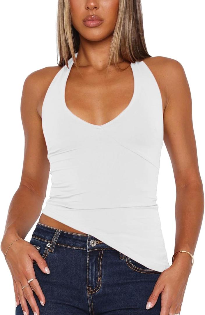 Floral Find Womens Sexy Sleeveless V-Neck Halter Top Backless Slim Fitted Summer Crop Tee Basic Cami Shirt, White, X-Large (White, XL)
