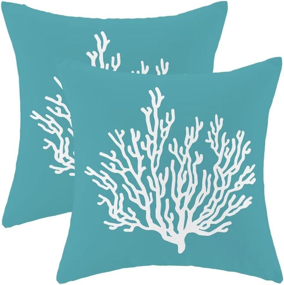 AEIOAE Natical Coastal Pillow Covers 18 X 18 Inch Set of 2, Teal Decorative Throw Pillow Covers Linen Beach Ocean Theme Pillowcase for Couch Home Sofa Indoor Outdoor Decor