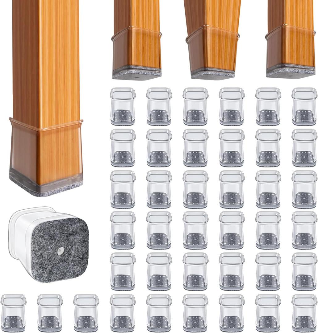 BUMACO Chair Leg Floor Protectors Square Chair Leg Protectors for Hardwood Floors Silicone Pads Covers to Protect Floors Clear-40 Pcs Square S Fit (3/4" to 1")